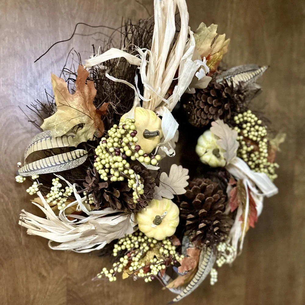 Fall Grapevine Wreath Pumpkins Leaves Corn Husk Pine Cones 18”